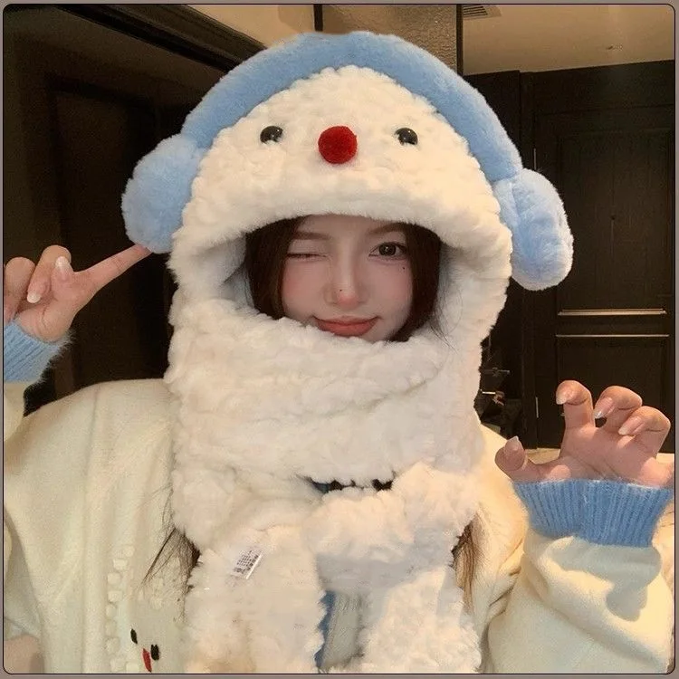 Kawaii Hats Sweet Style Cute Scarf Cute Snowman Earphone Fleece Hat Scarf Women's Winter Warm Ear Protection Cold-proof Ski Hat