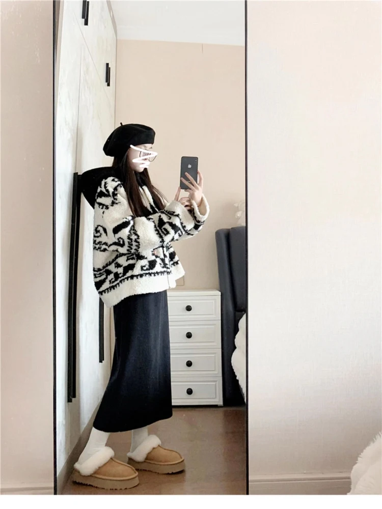 Veste coréenne en fourrure d'agneau pour femme, coupe ample, à capuche, automne-hiver, Faion, petite taille, haut décontracté amical