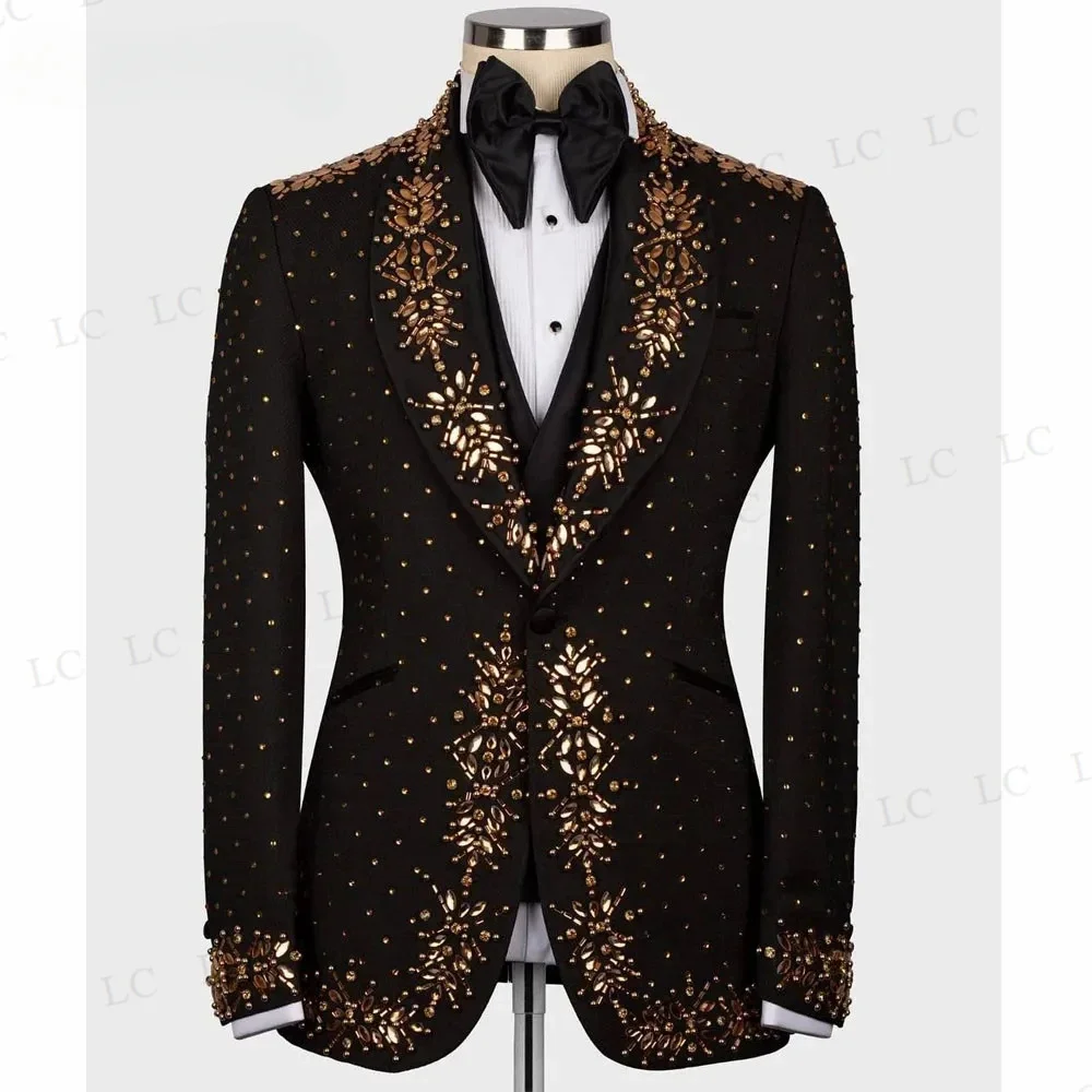 Shiny 2 Pieces Men Suits Blazer Pants Gold Beads Diamonds One Button Slim Formal Prom Wedding Groom Custom Plus Size Best Man