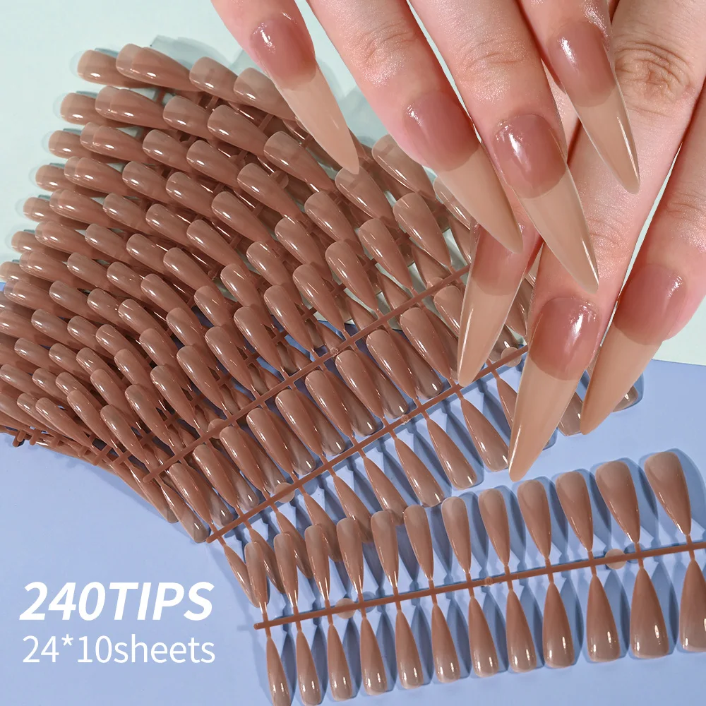 

240Pcs Long Stiletto Autumn Winter Maillard Press on Nails Full Cover Wearable Nude Brown Fake Nail Tips Almond Nail Extension