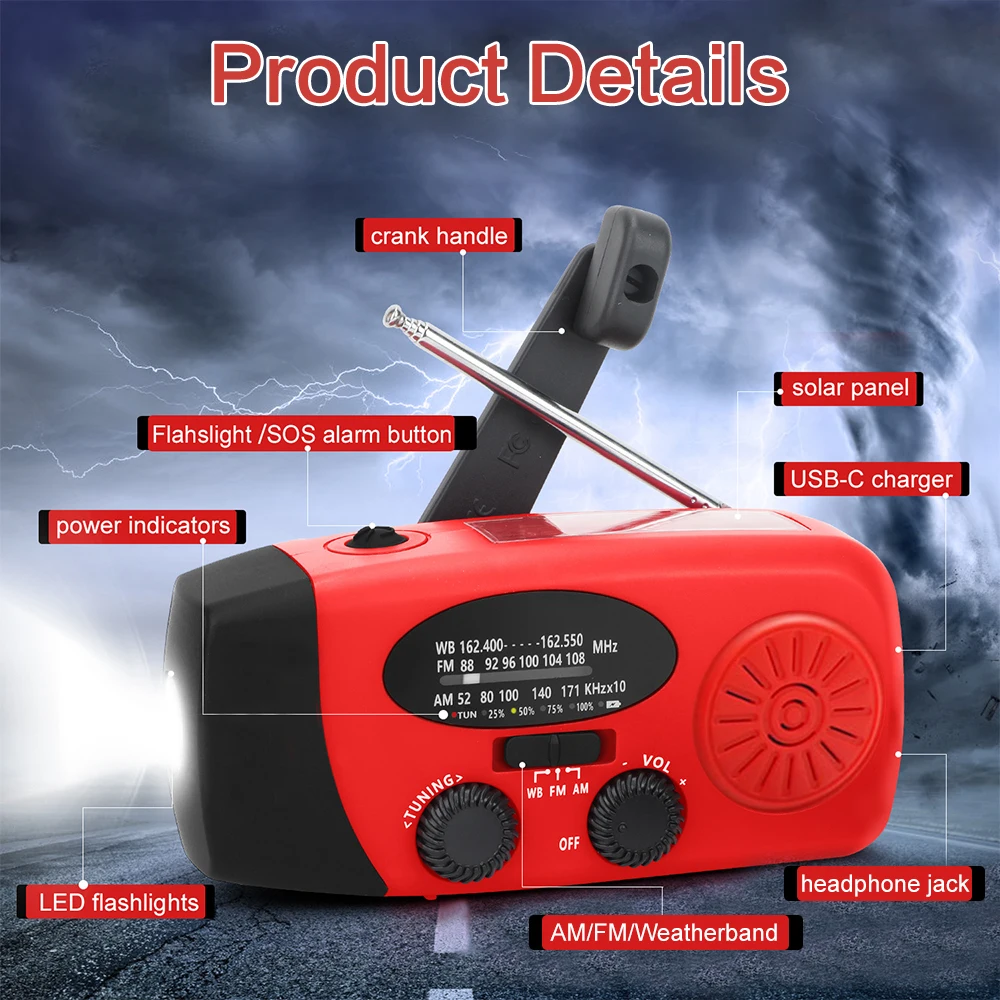 Outdoor Sports FM Radio Player 2000mAh Solar USB Hand Crank Charging Radio Player Power Bank with LED Emergency Flashlight