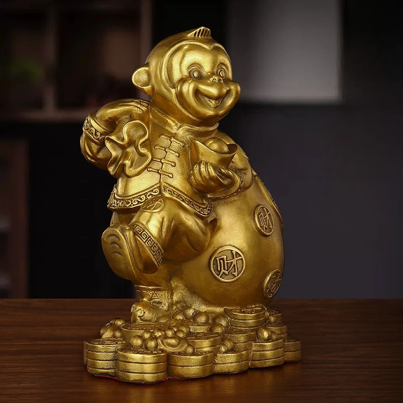 Brass Monkey Statue Chinese Zodiac Monkey Figurine Feng Shui Home Office Desk Ornament Good Luck Gift for Birthday Lunar