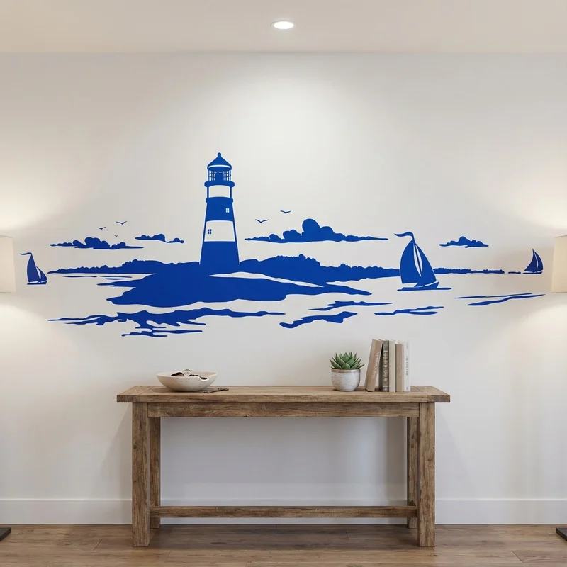 Nautical Lighthouse Sailboat Wall Stickers Sea Beach Style Vinyl Wall Decals Removable For Kids Room Home Decoration E641