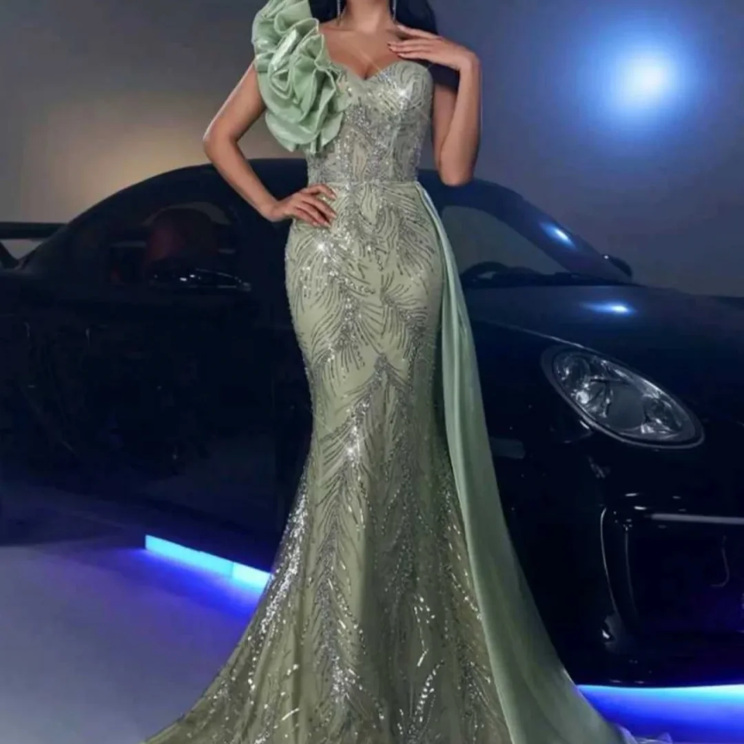 

Fashion Evening Dresses Sequins Lace Handmade Flower Sweep Train Party One Shoulder Sleeveless Gown Customized