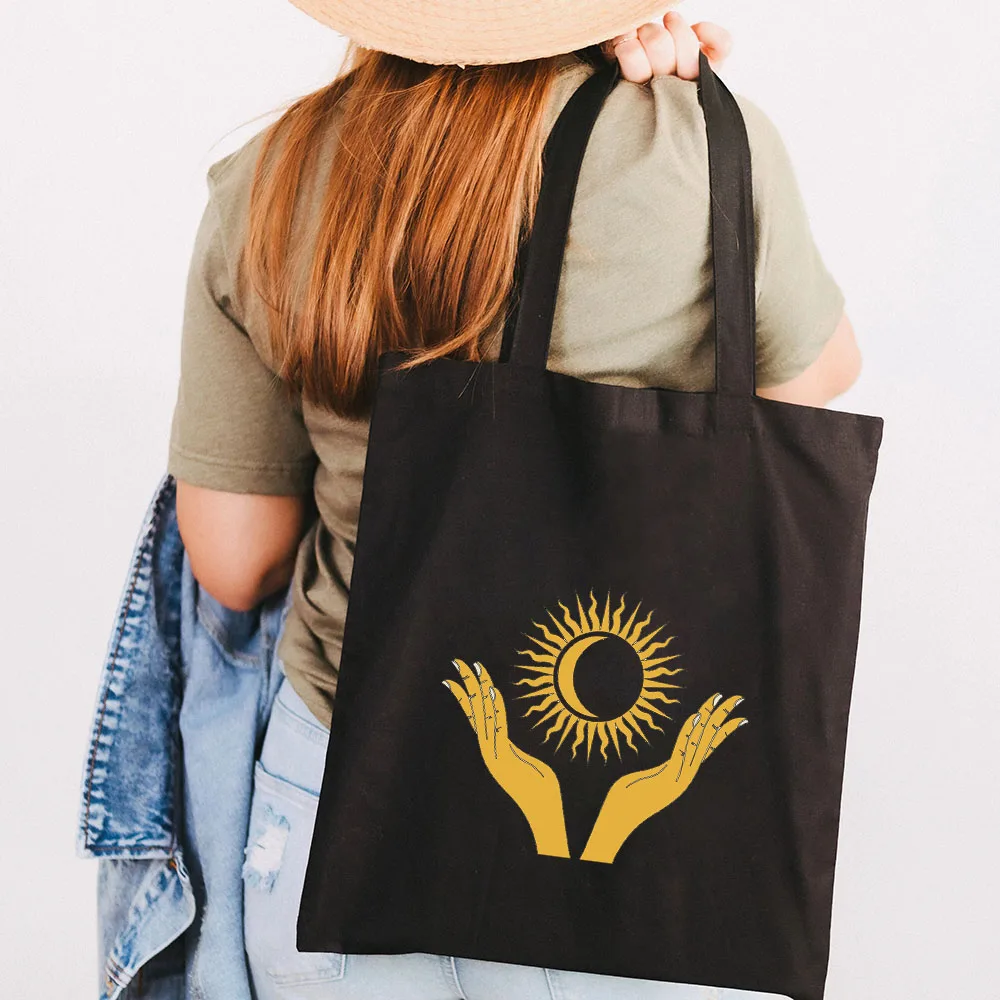 Tarot Sun Moon Bohemian Tree Gothic Flower Star Wing Hand Heart Women Shoulder Shopper Canvas Cotton Shopping Tote Bags Handbags