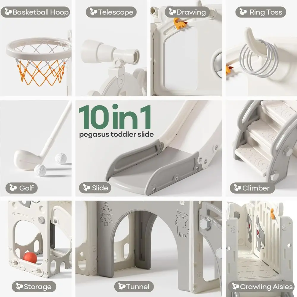 10-in-1 peuterglijbaan 10-in-1 voor kinderen van 1-3 jaar, elandenthema met basketbal en golf, binnen/buiten, beige en grijs (54x62x39in)