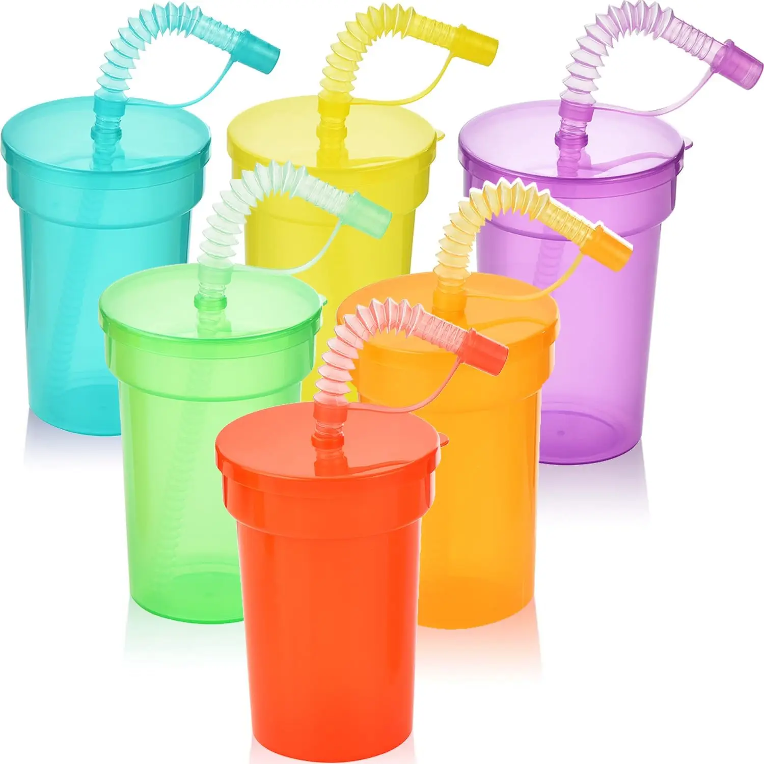 Colorful Party Favor Cups for Kids Plastic with Lids and Straw Neon Sipper Cups Birthday Holiday Events Decoration