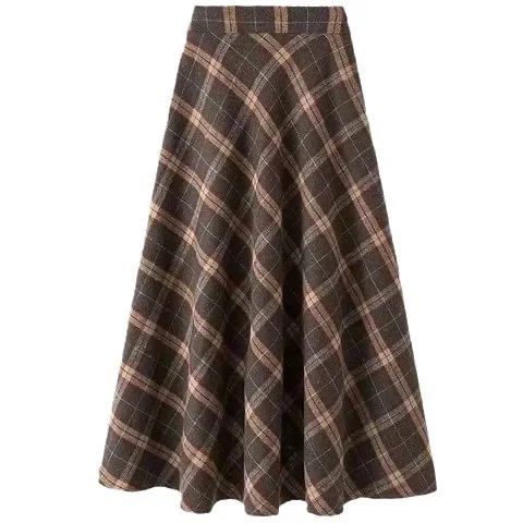 Autumn Winter Woolen Skirt Women 2023 Korean Style Thick High Waist Long Skirt Woman A Line Pleated Plaid Skirt Female