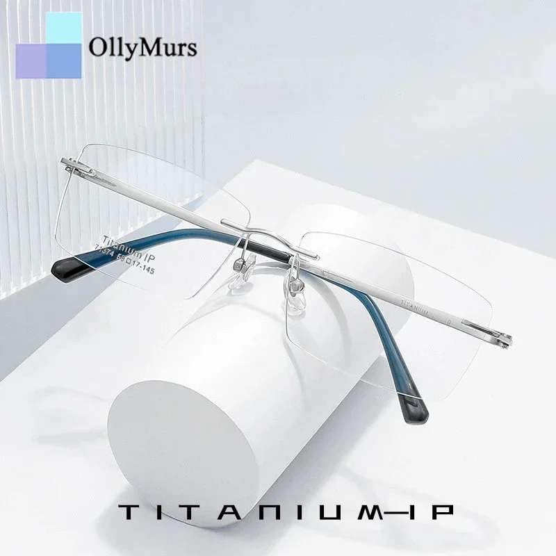 

OLLYMURS квадратные очки без оправы из чистого титана, мужские сверхлегкие оптические очки с большим лицом, деловая оправа для очков