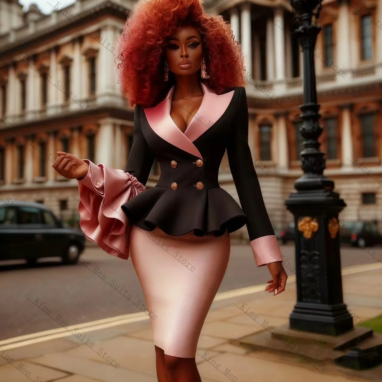 Black Pink Women Suit Set 2 Pcs Blazer+Short Mini Prom Dress Ruffles Sleeves Customized Formal Guest Wedding Tuxedos Coat Jacket