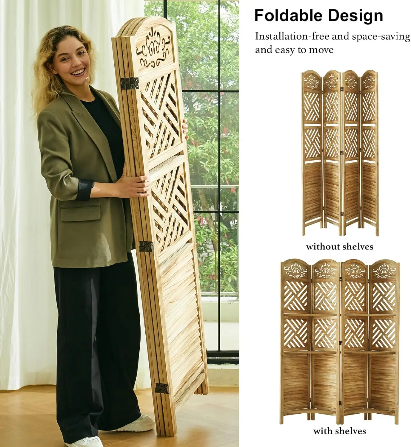 مقسم غرفة مع أرفف، مقسم حائط منحوت وخشب 68.9 بوصة قائم بذاته، 4 ألواح شاشة تقسيم قابلة للطي #3