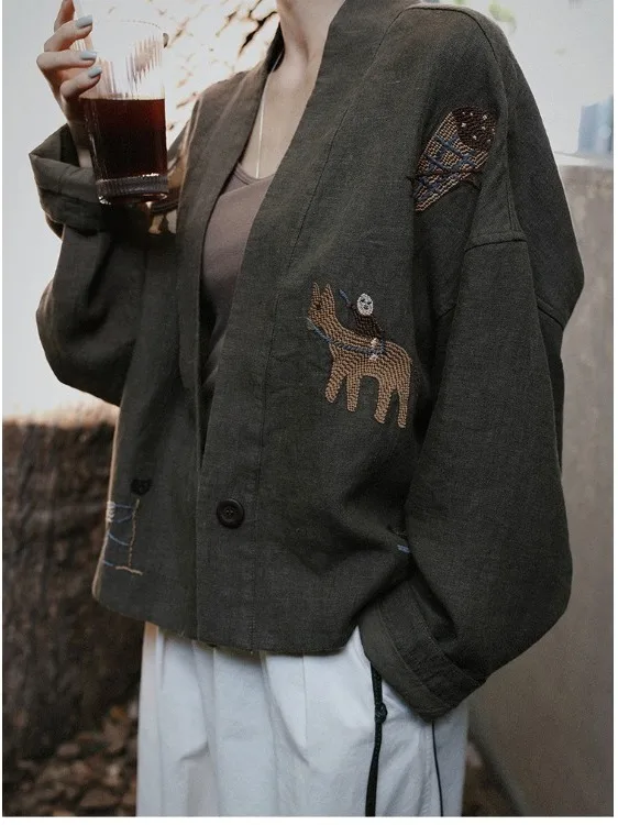 

Ele Вышитая льняная женская верхняя одежда Jaet V-Ne, осенний сезон Faion, универсальная свободная посадка на пуговицы