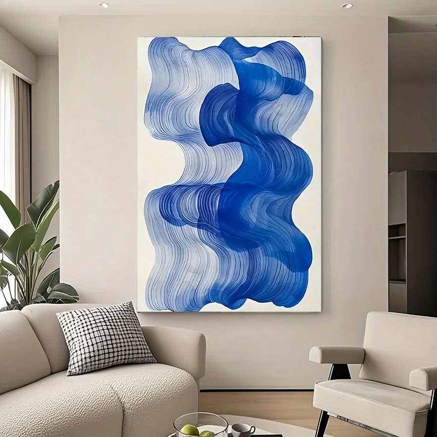 Renaissance-style canvas wall art with blue wave design, portrait orientation for indoor dec 1pc, Frameless, 31.49x47.24 inches,