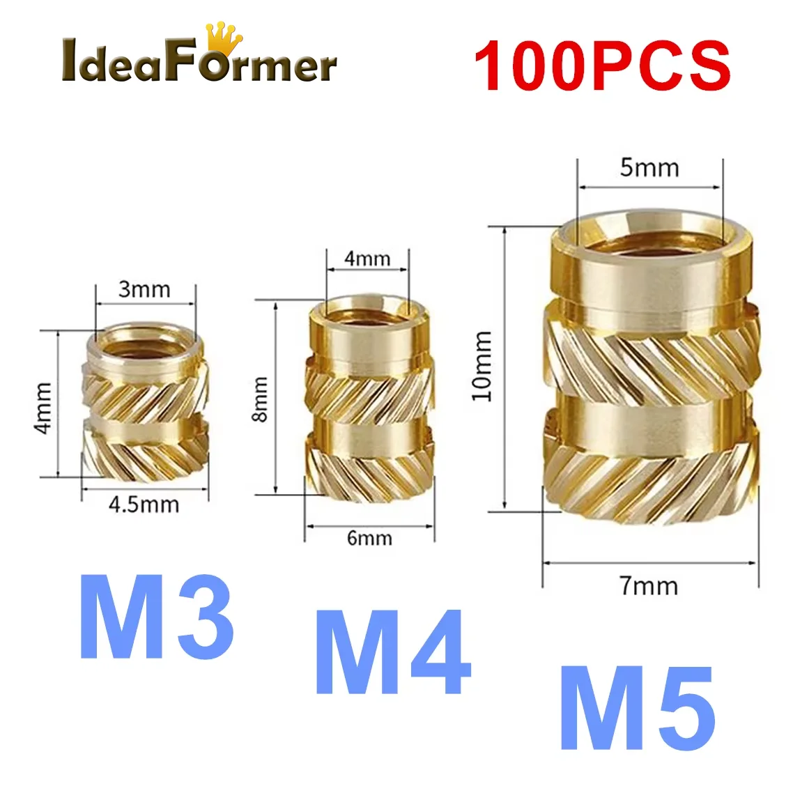 

100pcs M3 M4 M5 Brass Hot Melt Insert Knurled Nut Thread Heat Copper Insertnut Injection Embedment Nut For 3D Printer Insert Nut