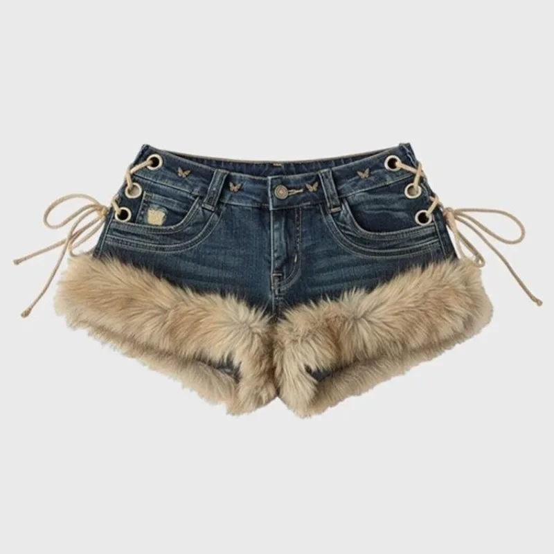 Y2k Low-rise Strap Slim Hot Pants Winter New Women's Retro Design Fluffy Splicing Jeans Shorts