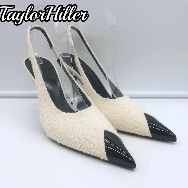 White Furry Patchwork Heeled Sandals Shallow Slip On Pull On Stiletto Heels Metal Golden Black Toe Women Back Strap Shoes 2026