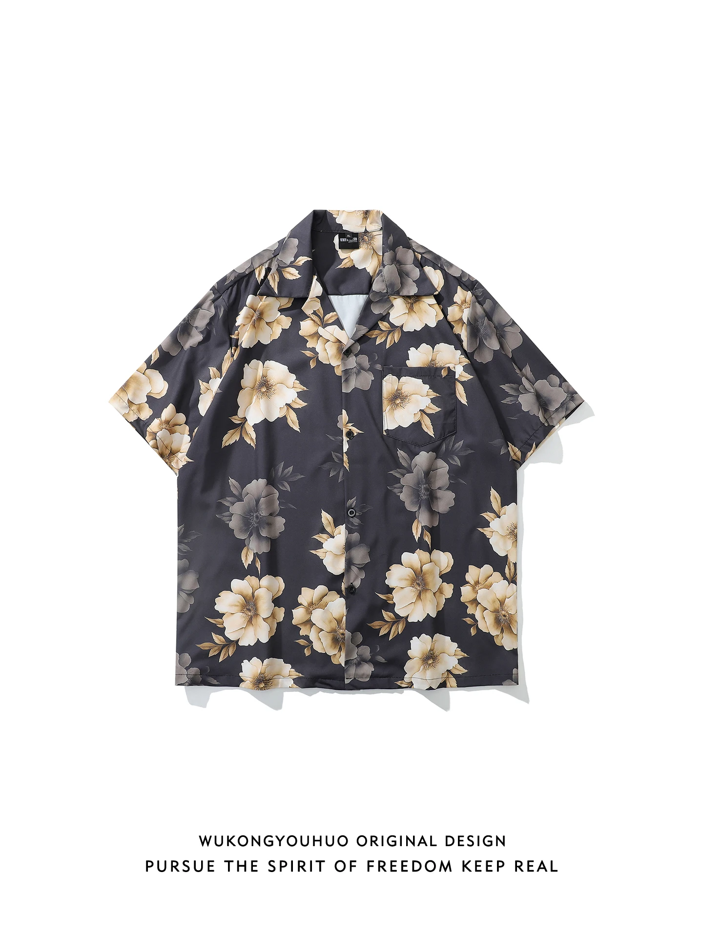 

Летняя мужская рубашка с цветочным принтом, кубинским воротником, свободного кроя, повседневная, с коротким рукавом, винтажная, в гонконгском стиле, износостойкая, молодежная, популярная.
