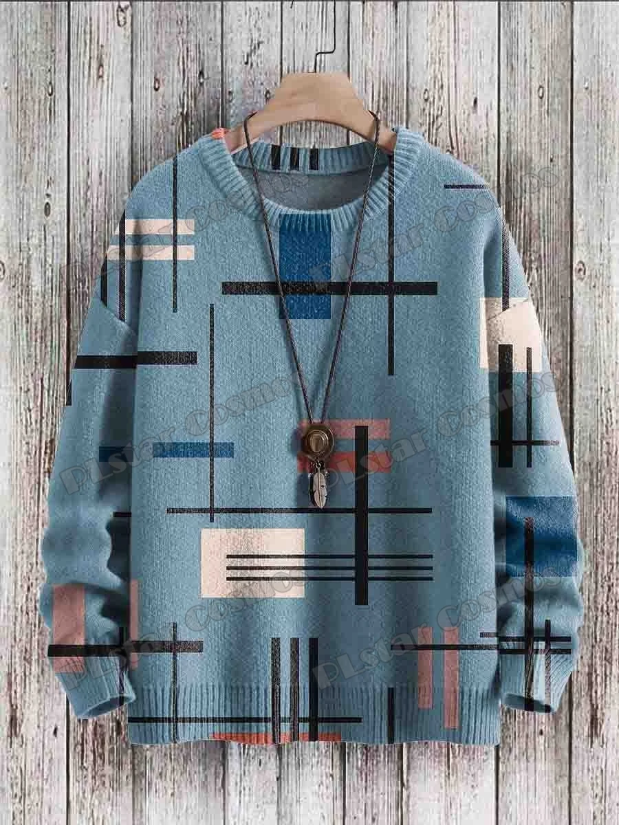 Winter Unisex Casual Knit Pullover Sweater Vintage Geometry Art Pattern 3D Printed Fashion Crewneck Knitted Sweaters KMY38