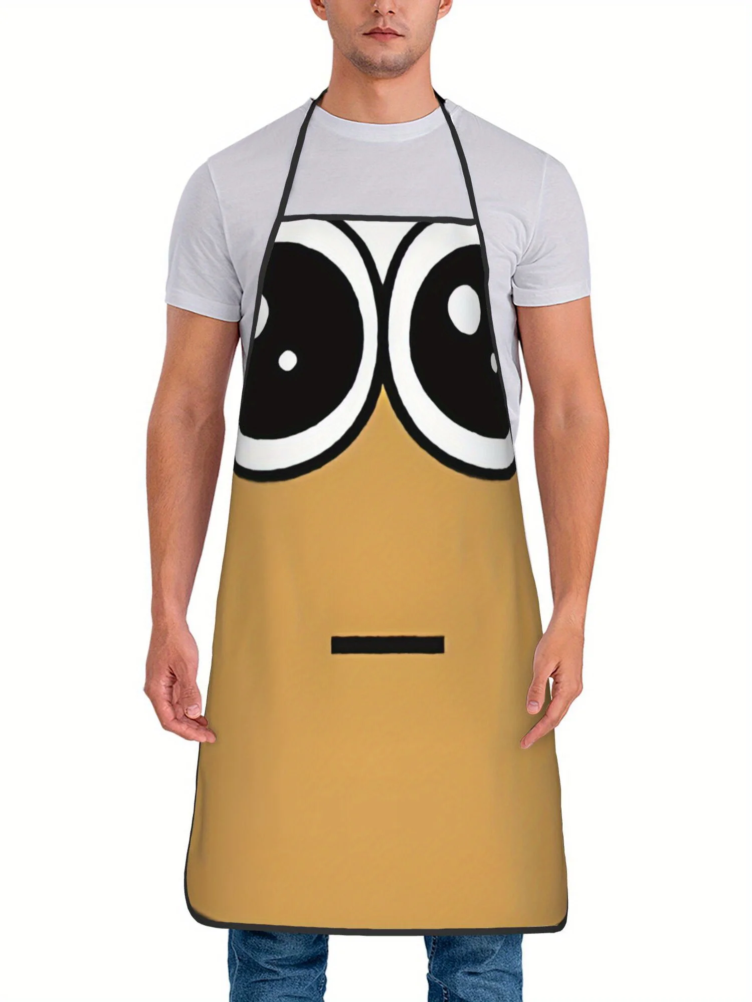 Cute Brown Alien Pou Uwu Sad Eyes Print Apron Retro Style Unisex Durable Fabric for Home Cooking and Baking