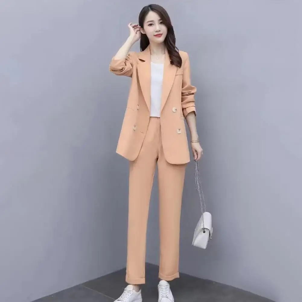 Women Business Suit Elegant Women's Business Suit Set with Double-breasted Coat High Waist Pants for Formal Office Wear Commute