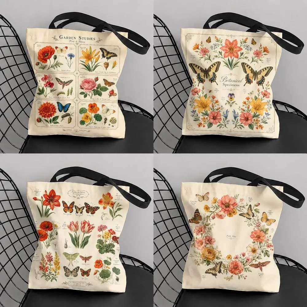 Botanical Butterfly Florals Storage Bags Large Capacity Canvas Tote Bag Reusable Shoulder Handbag for Daily Shopping Travel