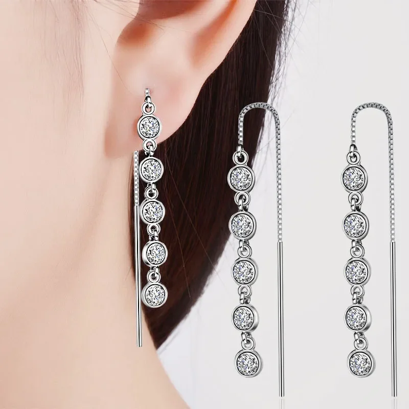 Hyperbole Long Drop Earrings For Women Beads Zirconia Copper Connected Box Chain Elegant Piercing Ear Line Jewelry Accessories