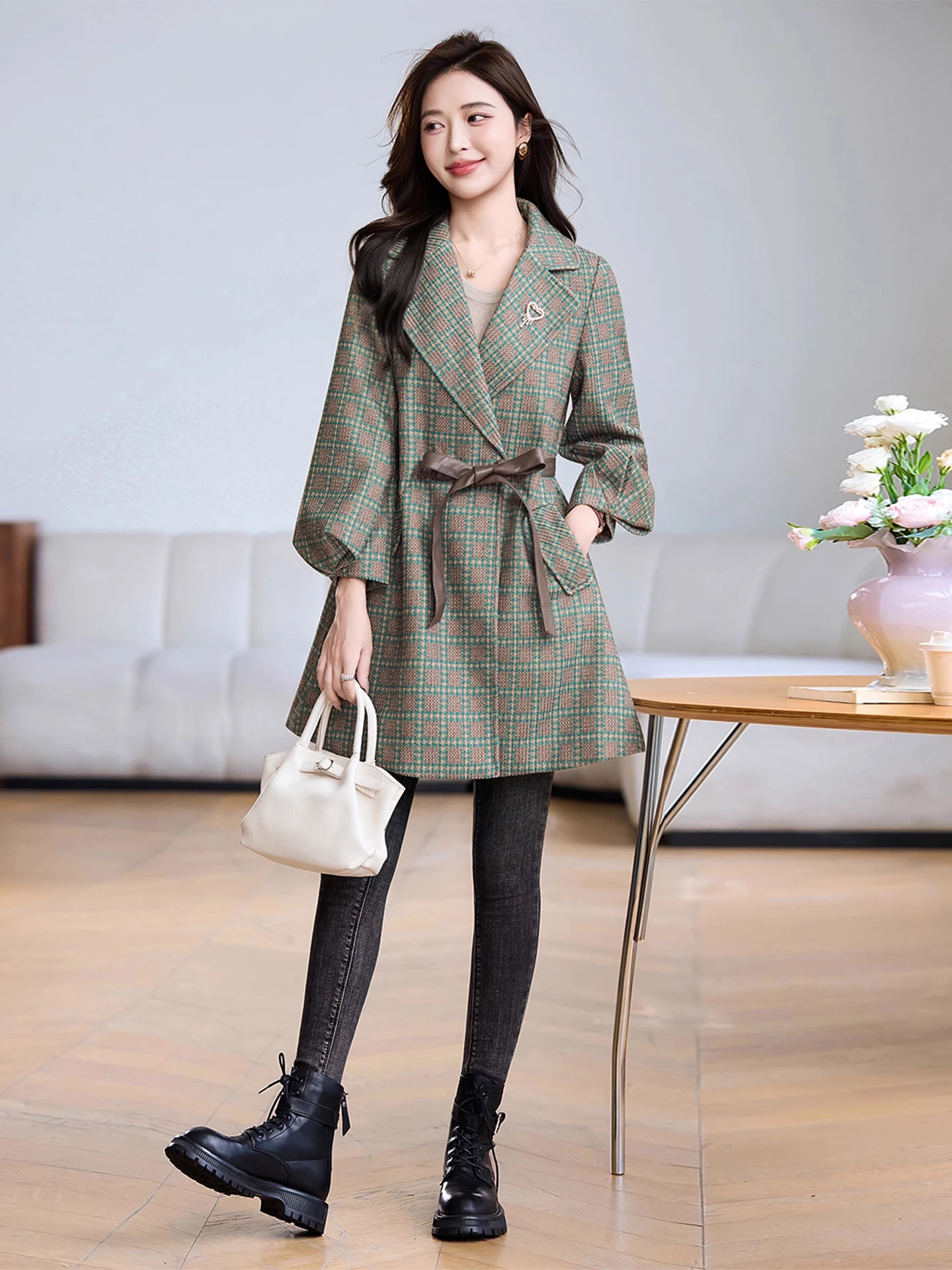 

Ele клетчатый костюм Dr для похудения Briti Sle Heavy Work Facebook Верхняя одежда с поясом Корейская версия для поездок на работу из полиэстера Long Sve