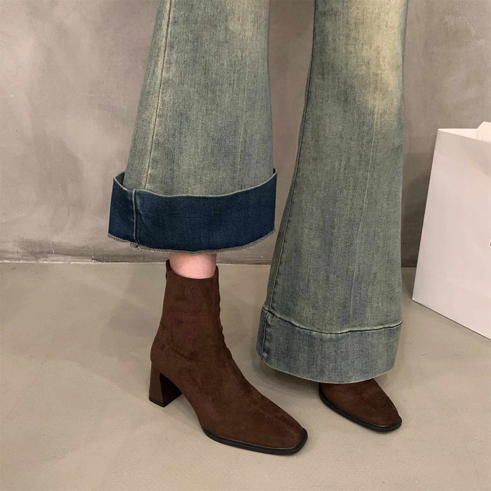 High Heel Korean Small Ankle Boots Suede Riding Boots Women's Shoes 2024 New Autumn and Winter Square Thin Short Boots