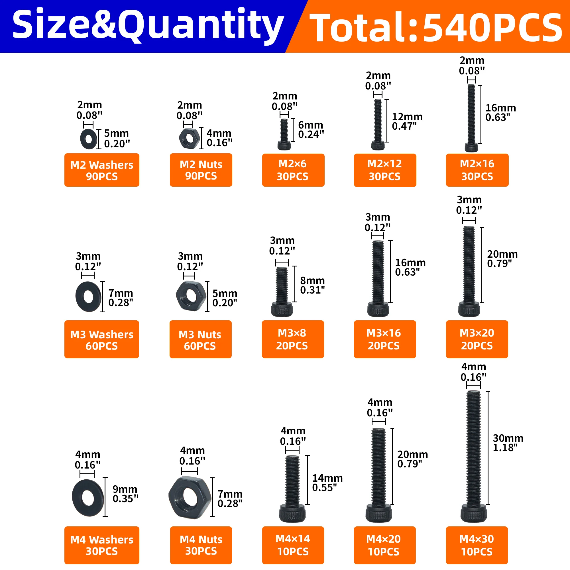 540pcs/855pcs Metric Machine screws Nuts and Washers Assortment Kit M2 M3 M4 Metric Diy Screw Furniture Bolts Furniture ship car