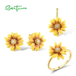 SANTUZZA Real 925 Sterling Silver Jewelry Set For Women White CZ Yellow Flower Pendant Earrings Ring Enamel Fashion Fine Jewelry