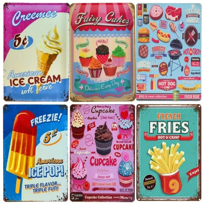 Kuchen Hot Dog Hamburger Metall Blechschild Vintage Poster Küchenwanddekoration Fast-Food-Laden Plakette Wandkunst Eisenplatte Gemälde