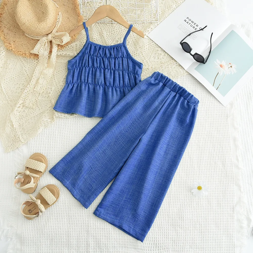 Korean Version Fashion Girl Solid Color Suit Summer New Pleated Sleeveless Camisole Vest+pants Two-piece Set Casual Kids Clothes