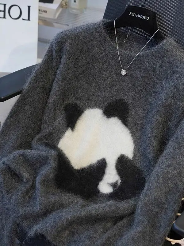 الكورية Sle المرأة محبوك سترة مطرزة الباندا الكرتون الخريف الشتاء Faionable عادية طويلة Sve جولة Ne الأعلى #4
