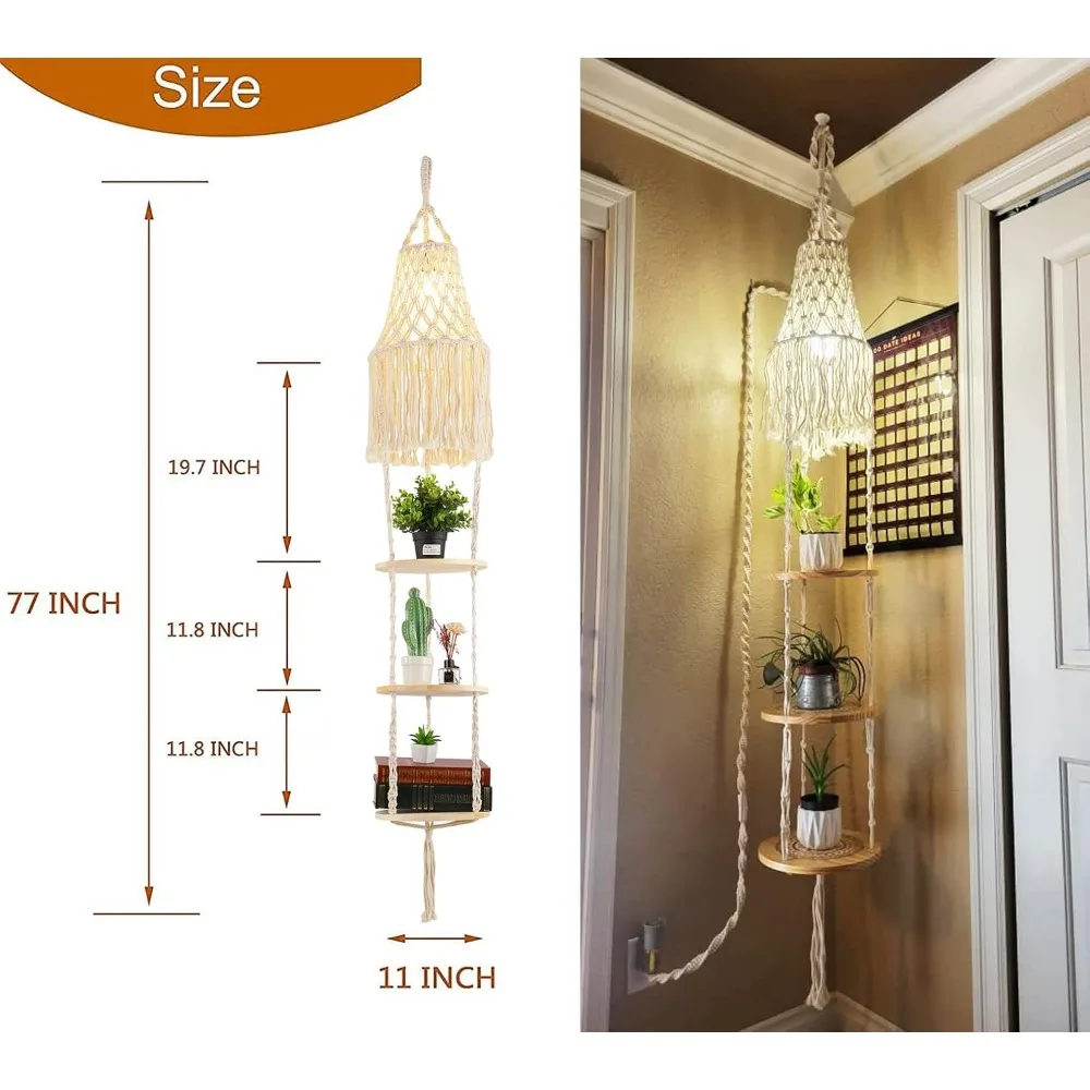 Lampada a sospensione Boho plug-in con interruttore dimmerabile, paralume in macramè e scaffale per piante per arredamento bohémien