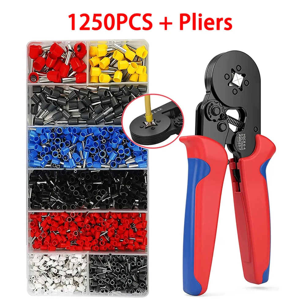 1250pcs Crimping Pliers Kit Tubular Terminal HSC8 6-4 Crimper Wire Mini Ferrule Crimper Hand Tools Household Electrical Kit