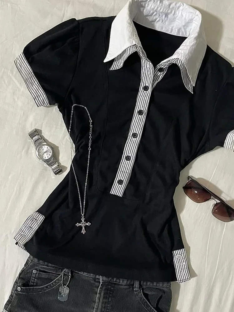 

Original Design Bla T-irt Vintage American Sle Collared irt Slimming Summer Faion Versatile Cotton Blend Casual irt