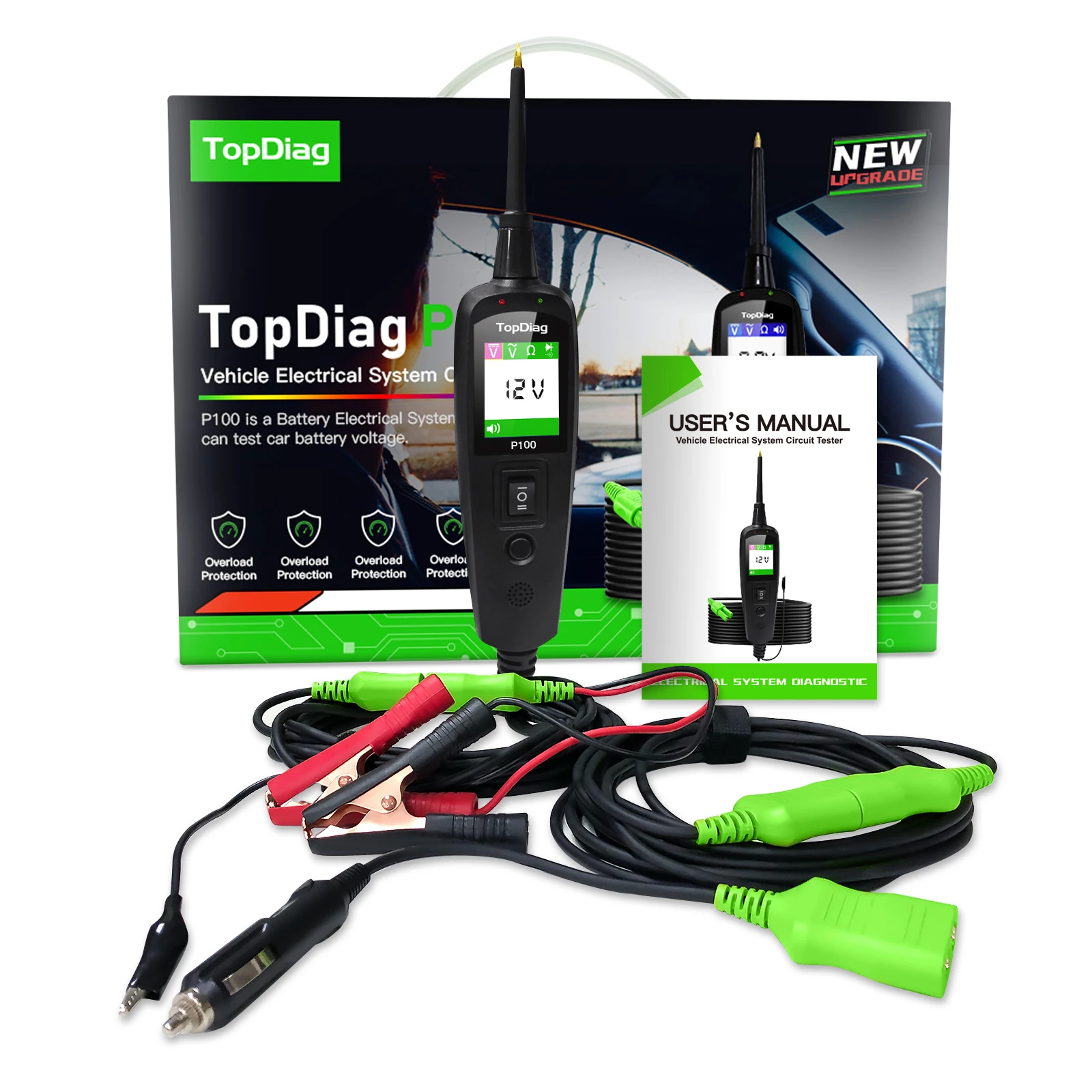 Topdiag P100 Automotive Circuit Tester Power Probe Kit Electrical System Voltage Battery Test AC DC 12V 24V Car Diagnostic Tool