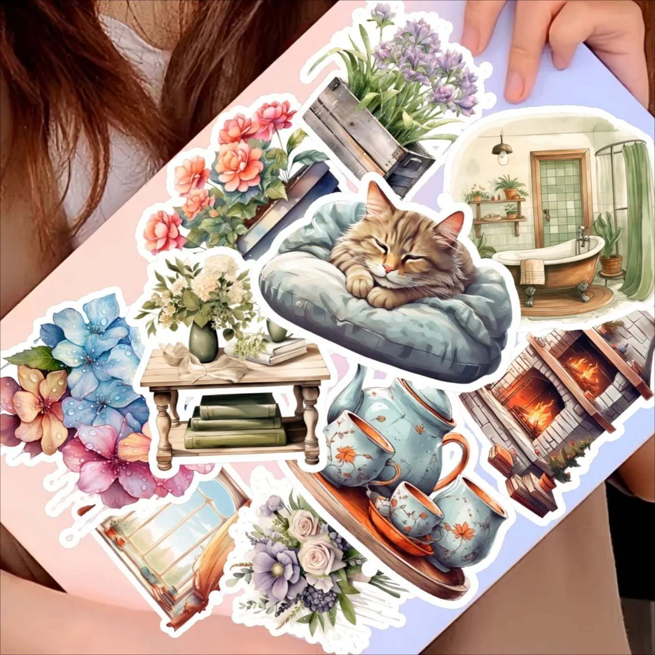 16pcs Cute watercolor, green plants, comfortable home life Junk Journal Stickers DIY Laptop Waterproof DIY Decals For Stationery
