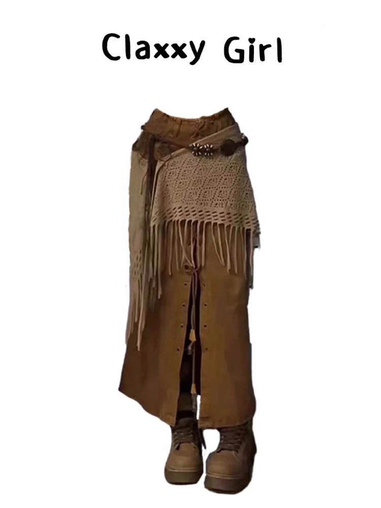 

Women's Brown A-line Denim Skirt with Slit Vintage Aesthetic Y2k Jean Skirt Harajuku Korean Long Skirt 2000s Clothes Summer 2025