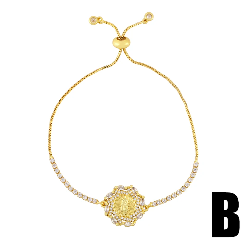FLOLA Gold Plated Round Cross Virgin Mary Bracelets Women Stone Tree Of Life Bolo Bracelet Bangle CZ Wholesale Jewelry brtd12