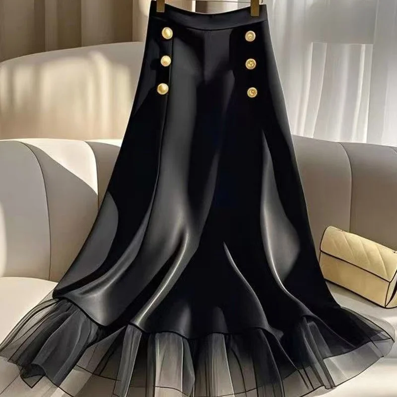 2025 Autumn New Simplicity Elegant Buttons Black High Waist A-line Skirt Ladies Temperament Patchwork Net Yarn Pleated Skirt