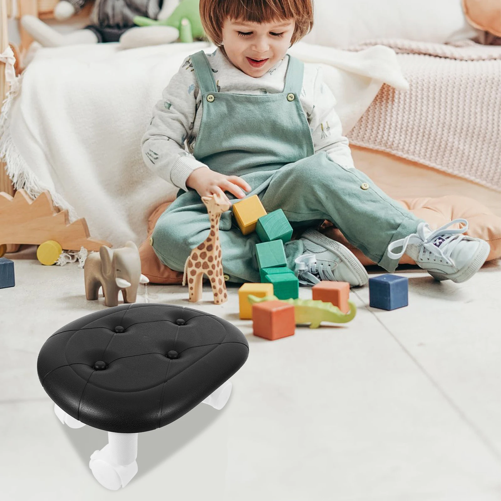 

Low Stool with Wheels Small Plastic Anti-slip Footstool Kids Step Stools Adults Home Office Black Round Lightweight Impact