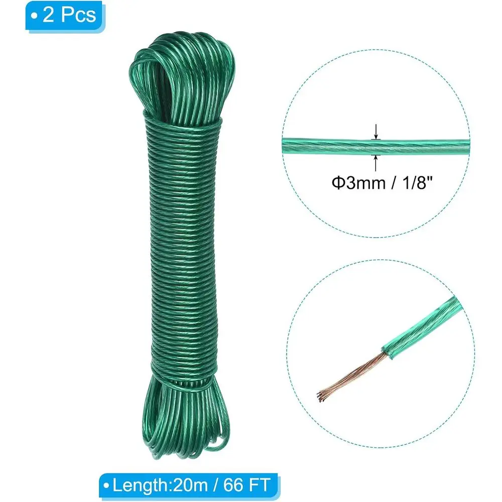 Green 2-Pack 1/8 x 66ft Heavy-Duty Plastic-Coated Clothesline for Outdoor Drying