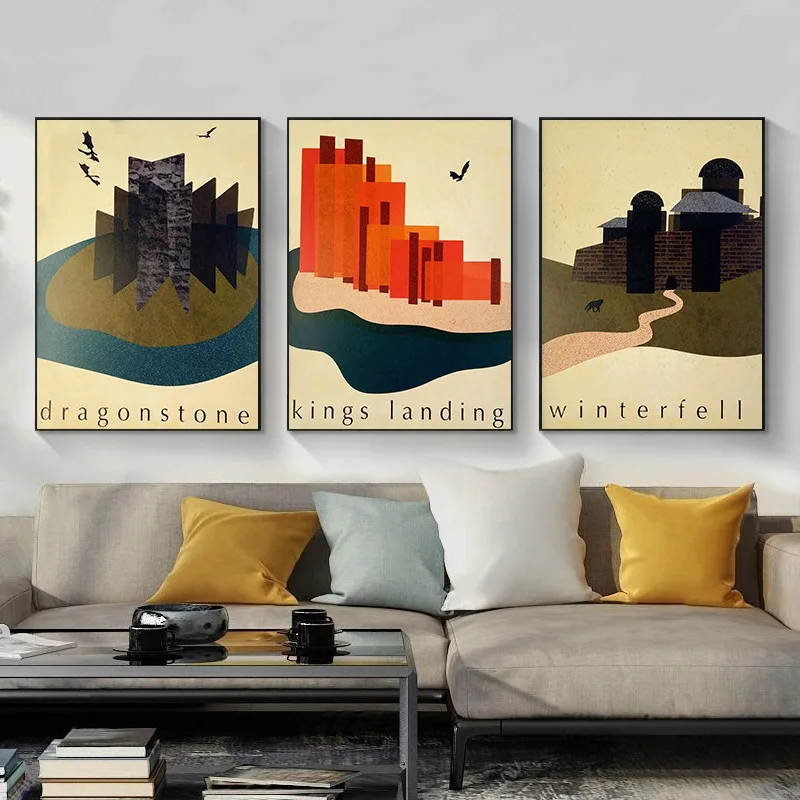 GOT Wall Art Set of 3 Mid Century Game Modern Travel Poster Print Retro Vintage Fantasy Map Decor House Sigil Canvas Living Room