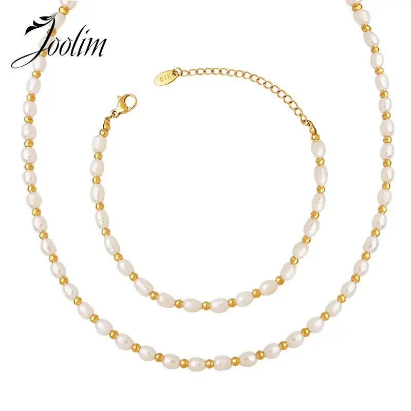 

Joolim Jewelry Wholesale No Fade Baroque Natural Freshwater Pearl Rice Bead Clavicle Chain Stainless Steel Necklace For Women