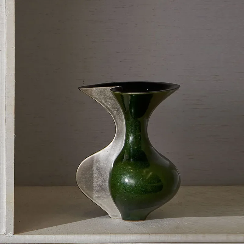 Modern Green Silver Flower Vase Creative Desktop Ornament For Living Room Bedroom Home Decor Soft Decoration Accessories