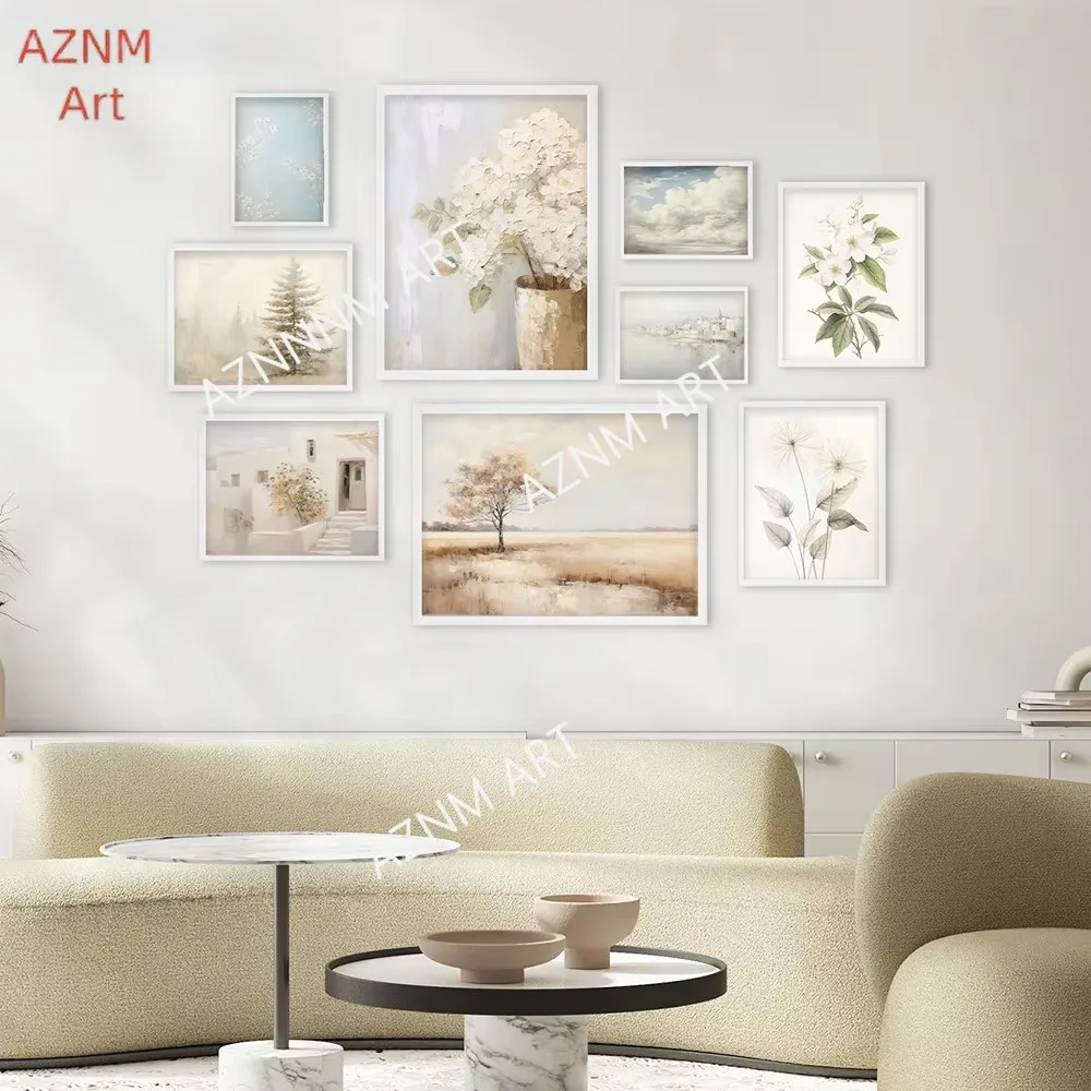 White Flower Oil Painting Wall Art Natural Landspace Canvas Painting Sky Cloud Blowball Art Print For Living Room Decoration