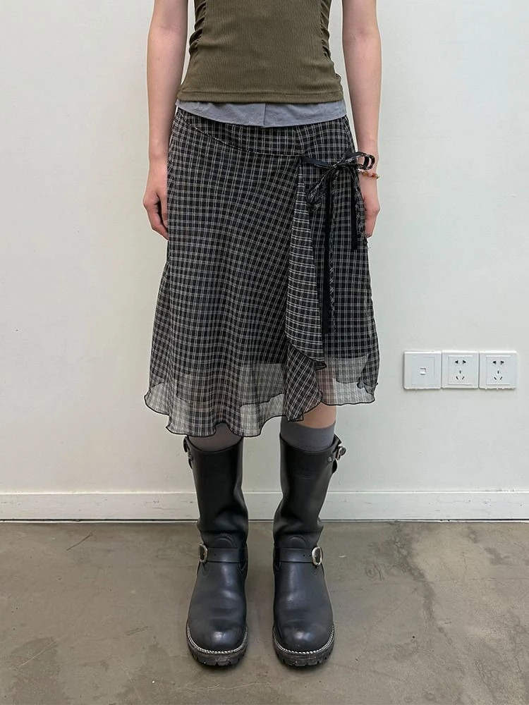 Deeptown Vintage Plaid Mesh Skirts Women Japanese Asymmetrical Mid Skirt Y2k Harajuku Lace Up Short Skirts Aesthetics Elegant