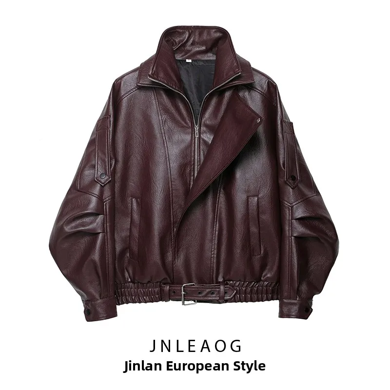 JNLEAOG 가을 신상 여성 패션 레트로 브라운 가죽 재킷 헤비 슬림 실루엣 오토바이 재킷 폴리에스터