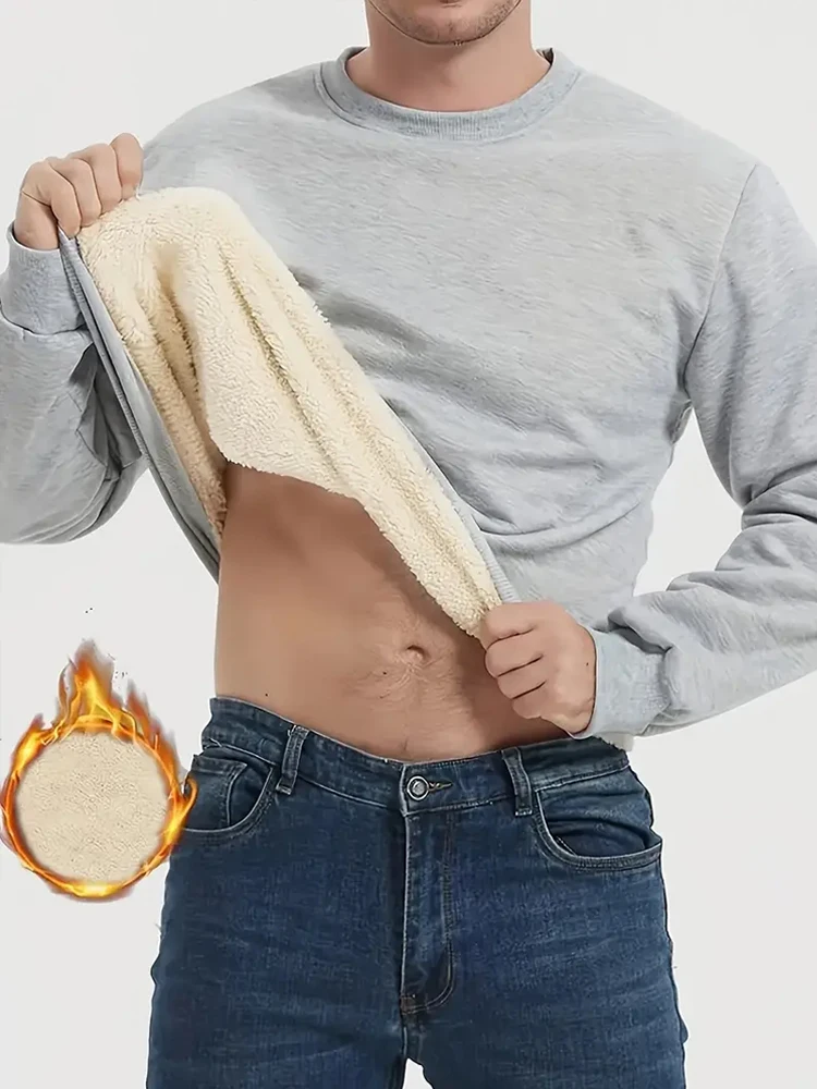 سويت شيرت رجالي مبطن بالصوف بلوفر شتوي دافئ بياقة دائرية سميكة حرارية كاجوال بأكمام طويلة للرياضات الخارجية #3